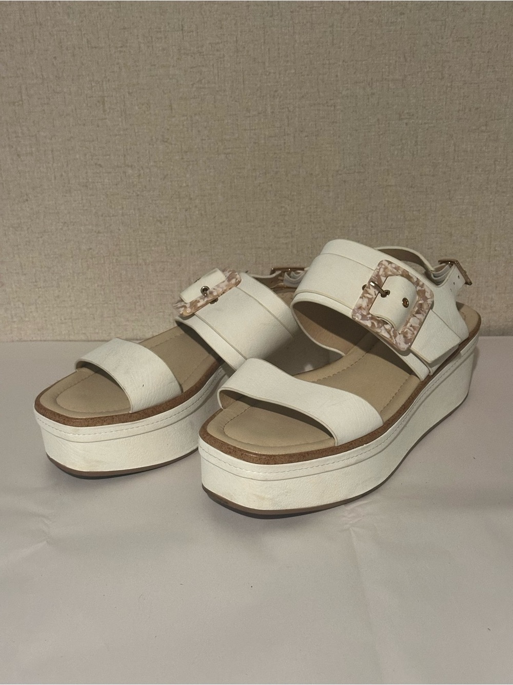 Cato Size 11 White Platform Strappy Sandals with Tortoiseshell Buckles